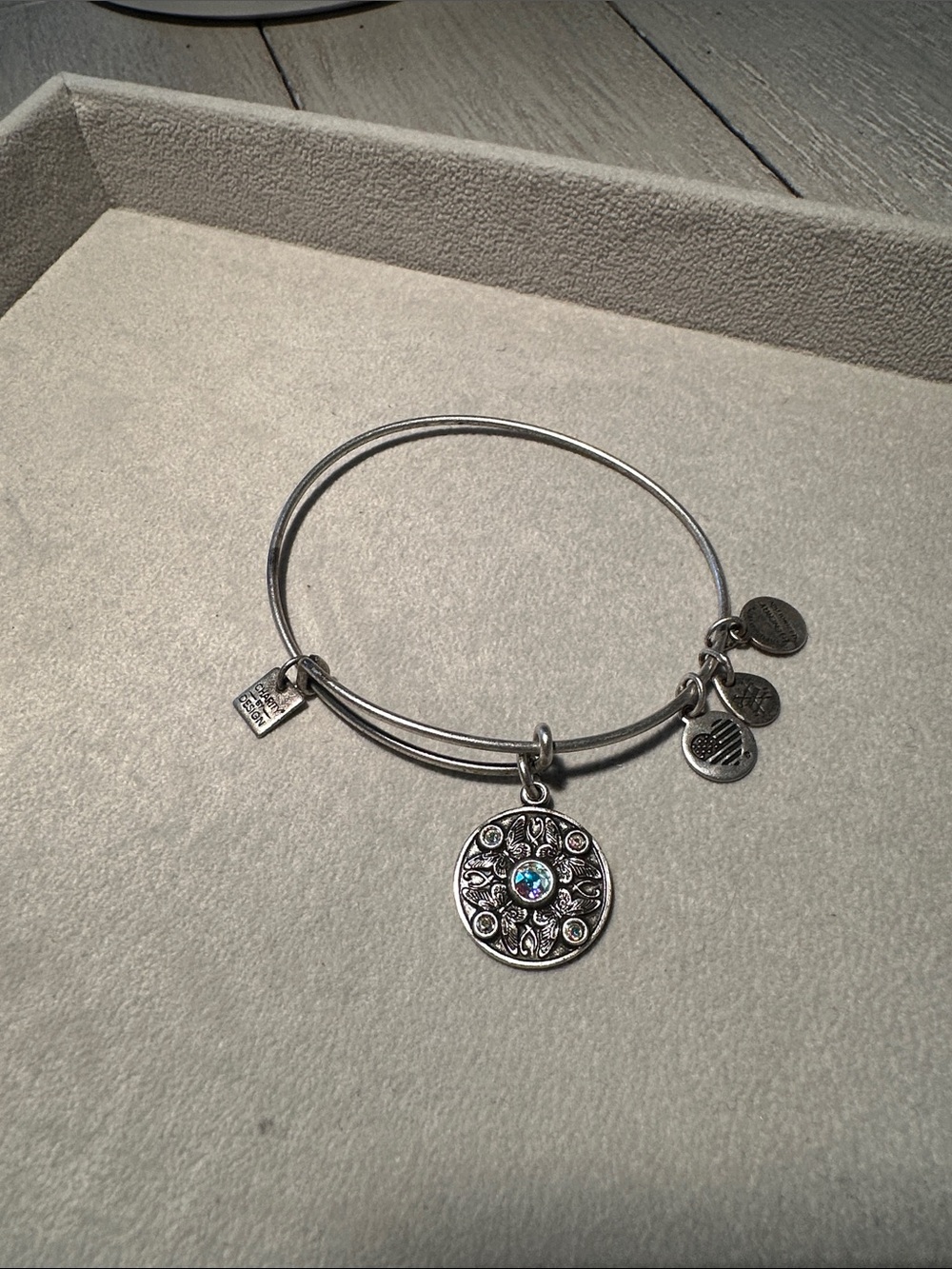 Alex and Ani Silver Wings of Change Charm Bangle Bracelet with Blue Accent